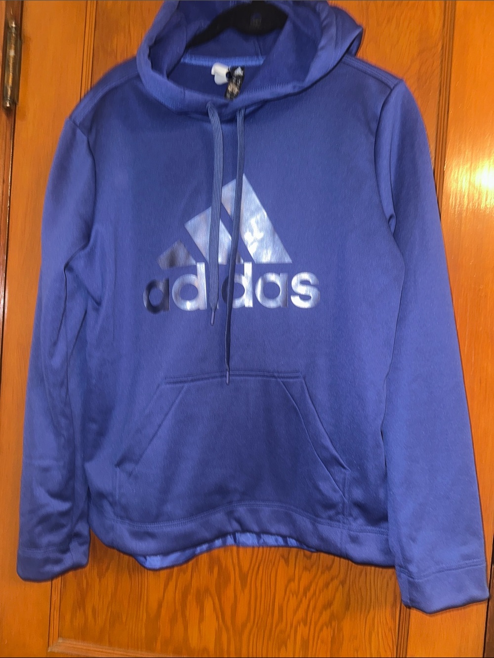 adidas Blue Hooded Pullover Sweatshirt with Shiny Logo